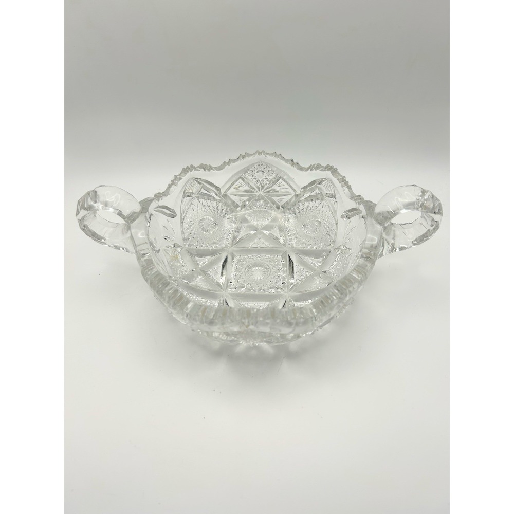 Vintage Cut Crystal Double Handle Candy Dish Sawtooth Rim Clear Glass Bowl 10 In